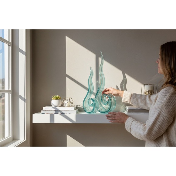 Vintage MCM Murano Style Art Glass Ribbon Swirl Sculpture Set Teal Gold - Picture 6 of 16